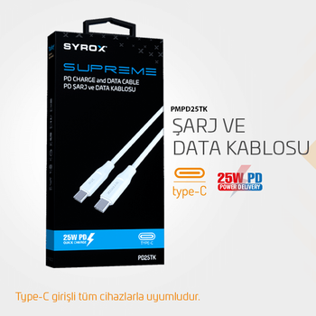 Syrox PD25TK Type-C To Type-C Şarj ve Data Kablosu (İki Ucu da Type-C Kablo)
