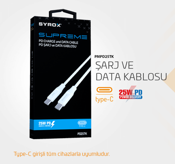 Syrox PD25TK Type-C To Type-C Şarj ve Data Kablosu (İki Ucu da Type-C Kablo)