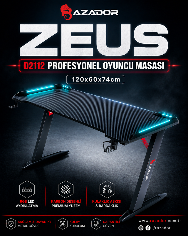 Razador D2112 Zeus Profesyonel Oyuncu Masası & Gaming Masası 120x60x74cm