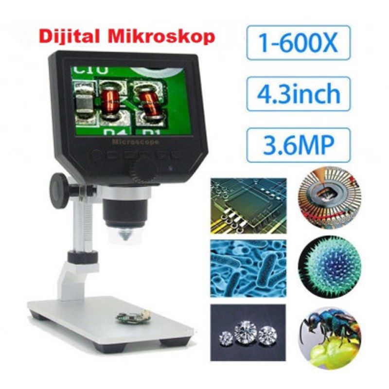 Dijital Mikroskop 1 -600x 4.3 LCD Ekran 3.6MP HD 1080P Video (Metal Stand)