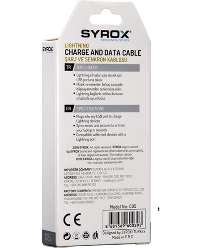 Syrox C85 iPhone Lightning Girişli 2.0A Şarj Kablosu